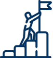 An illustration of a man climbing stairs to put a flag on the top step.