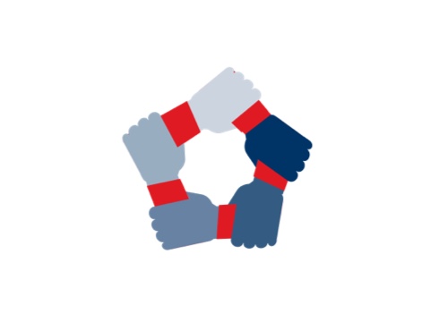 Illustrated icon of hands forming a circle representing teamwork. 